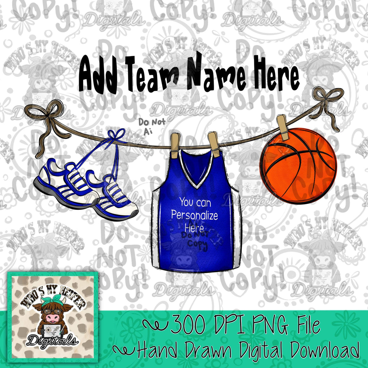 Blue Clothesline Basketball PNG Hand Drawn Basketball Jersey Sublimation File Customizable Game Day Shirt Design School Spirit Digital Art