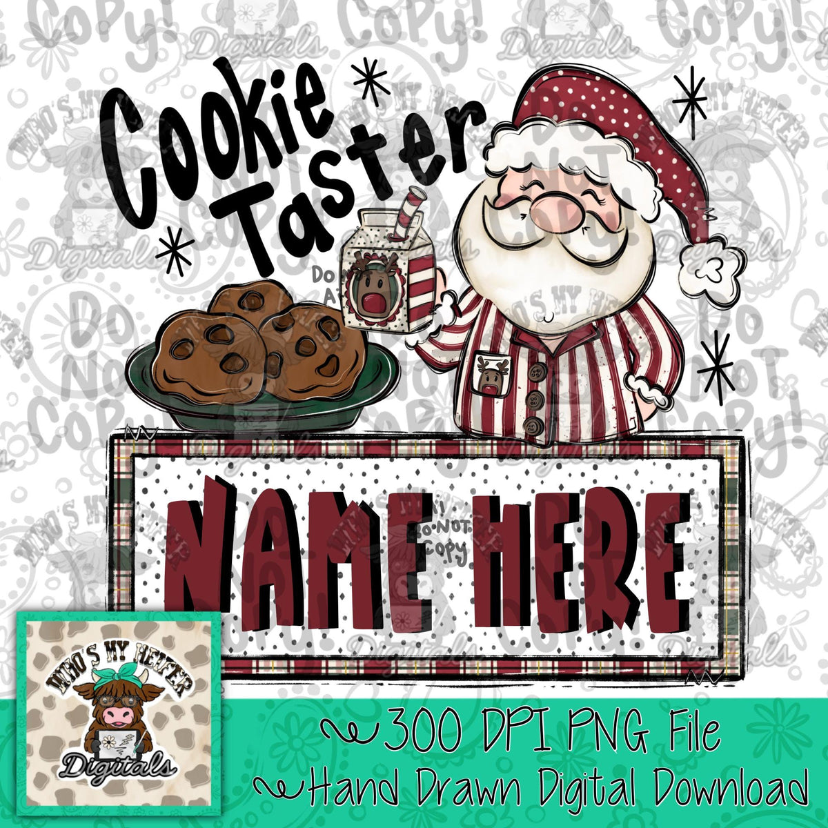 Whimsical Santa Cookie Taster Name Block Sublimation File Hand Drawn Santa Claus in Pajamas PNG Kids Christmas Cookie Doodle Shirt Design