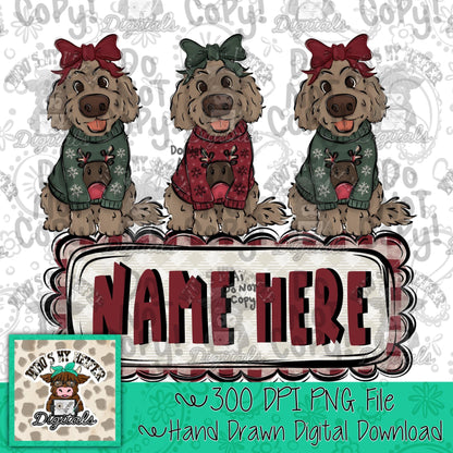 Whimsical Christmas Dog Trio Name Block Sublimation File Hand Drawn Dog with Bow and Sweater PNG Kids Christmas Puppy Doodle Shirt Design