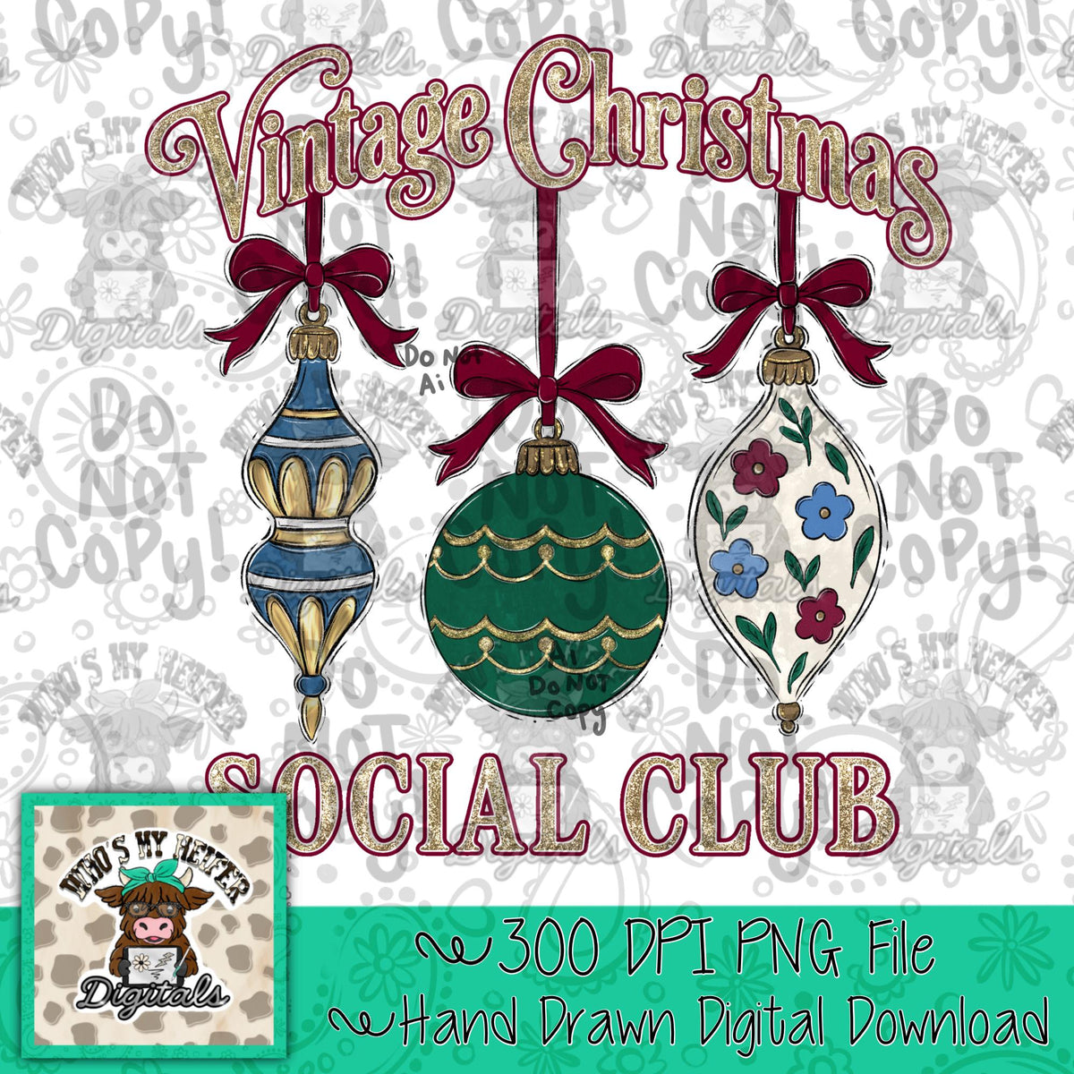 Vintage Holiday Ornament Trio PNG Hand Drawn Antique Ornament with Bow Sublimation File Woman Shirt Design Whimsical Christmas Digital Art