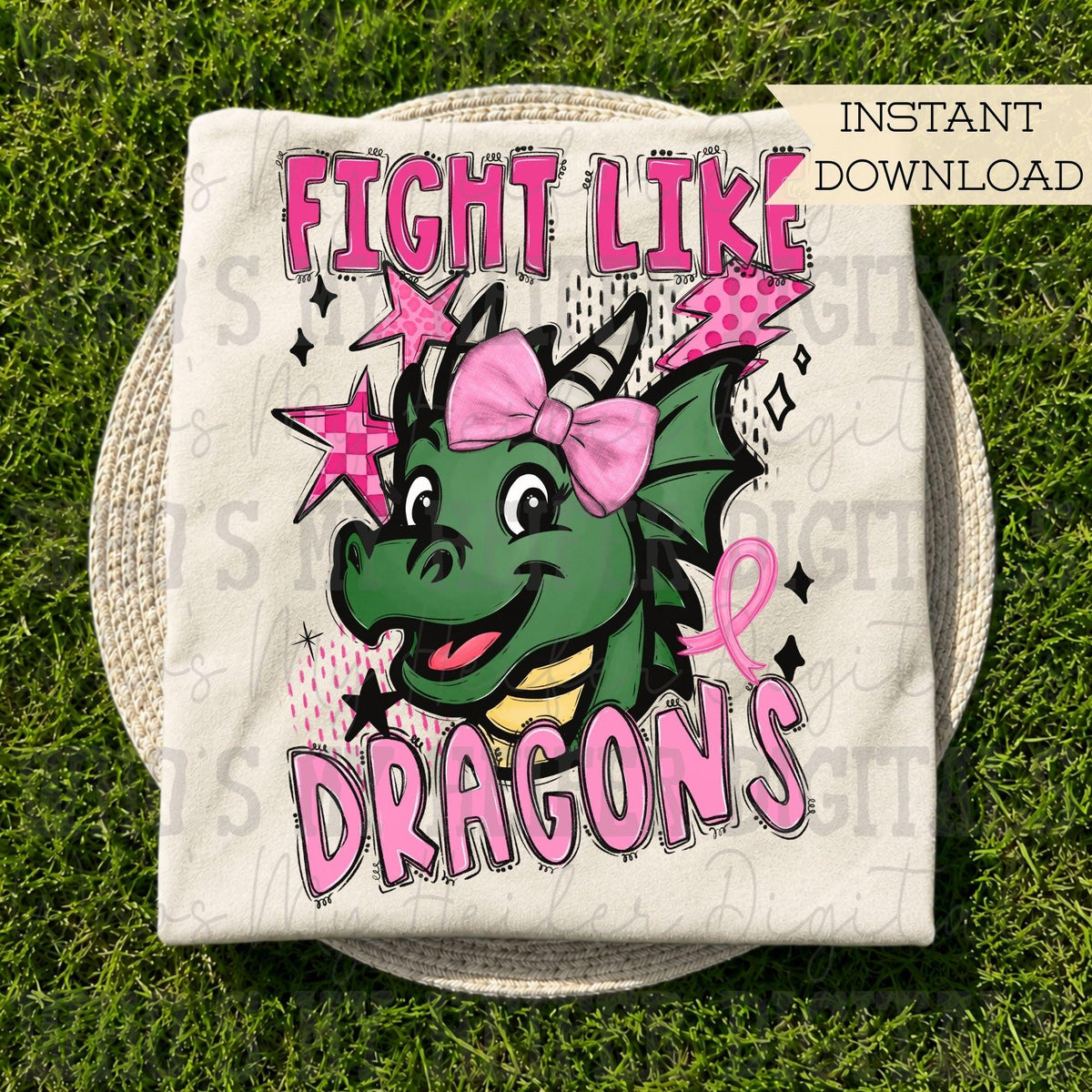 Retro Fight Like Dragons PNG Hand Drawn Distressed Dragon & Pink Bow Sublimation File Breast Cancer Shirt Design Girly School Spirit Mascot