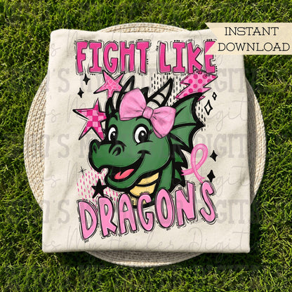 Retro Fight Like Dragons PNG Hand Drawn Distressed Dragon & Pink Bow Sublimation File Breast Cancer Shirt Design Girly School Spirit Mascot