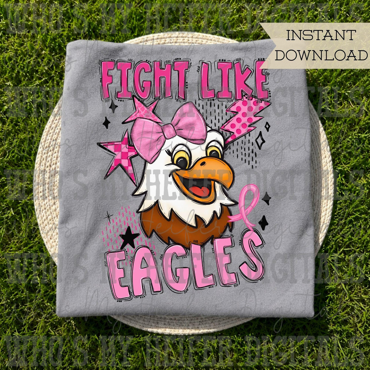 Retro Fight Like Eagles PNG Hand Drawn Distressed Eagle & Pink Bow Sublimation File Breast Cancer Shirt Design Girly School Spirit Mascot