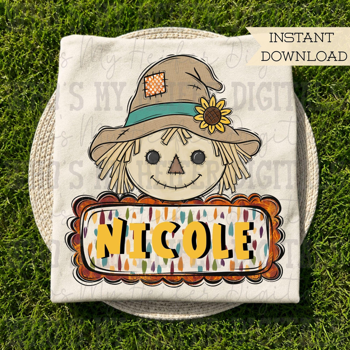 Whimsical Scarecrow Sunflower with Name Block PNG Hand Drawn Scarecrow Sublimation File Girl Fall Theme Shirt Design Thanksgiving Digital
