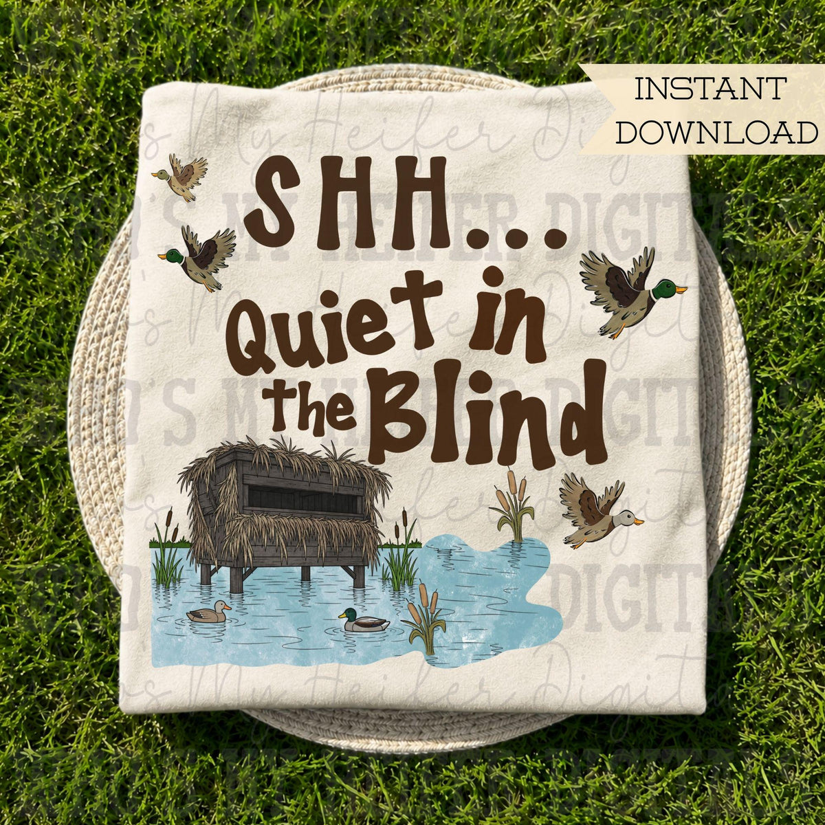 Whimsical Duck Blind PNG Hand Drawn Mallard Duck & Hunting Stand Sublimation Viral Saying SHH Quiet Digital Download Funny Shirt Design
