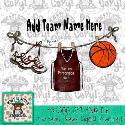 Maroon Clothesline Basketball PNG Hand Drawn Basketball Jersey Sublimation File Customizable Game Day Shirt Design School Spirit Digital Art