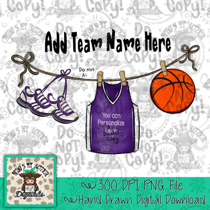 Purple Clothesline Basketball PNG Hand Drawn Basketball Jersey Sublimation File Customizable Game Day Shirt Design School Spirit Digital Art