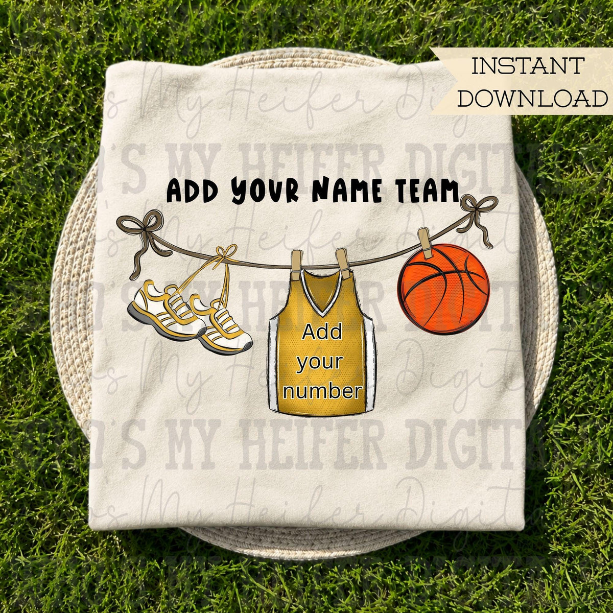 Gold Clothesline Basketball PNG Hand Drawn Basketball Jersey Sublimation File Customizable Game Day Shirt Design School Spirit Digital Art