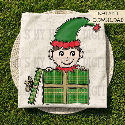 Whimsical Boy Elf PNG Hand Drawn Elf in a Gift Box Sublimation File Kid Christmas Shirt Design Child Holiday Present Digital Download DTF