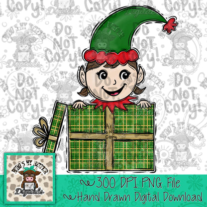 Whimsical Girl Elf PNG Hand Drawn Elf in a Gift Box Sublimation File Kid Christmas Shirt Design Girly Holiday Present Digital Download DTF