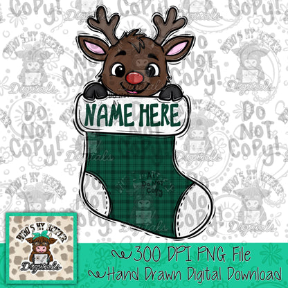 Boy Reindeer PNG Hand Drawn Deer in Stocking Sublimation File Kid Christmas Shirt Design Customizable Christmas Doodle Art