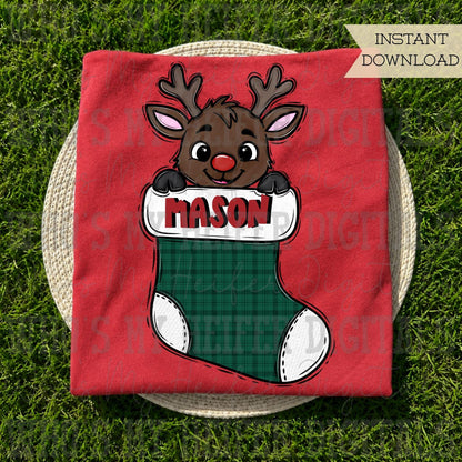 Boy Reindeer PNG Hand Drawn Deer in Stocking Sublimation File Kid Christmas Shirt Design Customizable Christmas Doodle Art