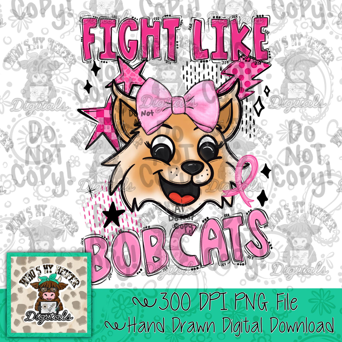 Custom Fight Like Mascot PNG Hand Drawn Retro Pink Out Mascot with Bow & Doodle Sublimation PNG Game Day Shirt Design School Spirit Mascot