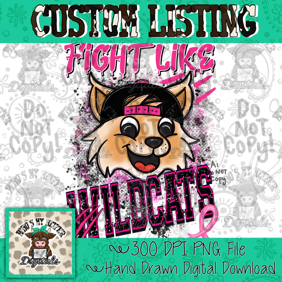 Custom Fight Like Mascot PNG Hand Drawn Retro Pink Out Mascot with Hat Sublimation File Breast Cancer Awareness School Spirit Mascot DTF