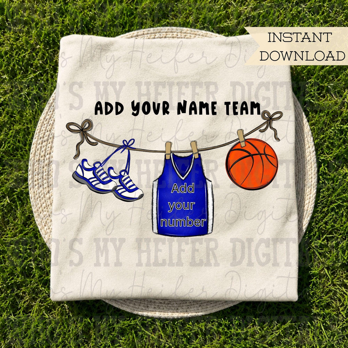 Blue Clothesline Basketball PNG Hand Drawn Basketball Jersey Sublimation File Customizable Game Day Shirt Design School Spirit Digital Art