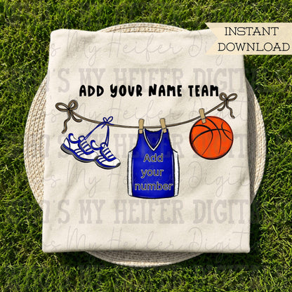 Blue Clothesline Basketball PNG Hand Drawn Basketball Jersey Sublimation File Customizable Game Day Shirt Design School Spirit Digital Art