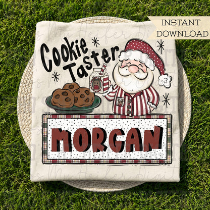 Whimsical Santa Cookie Taster Name Block Sublimation File Hand Drawn Santa Claus in Pajamas PNG Kids Christmas Cookie Doodle Shirt Design