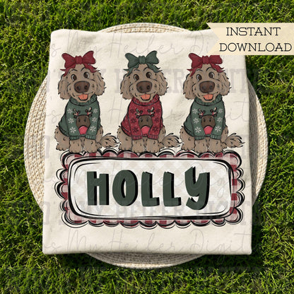 Whimsical Christmas Dog Trio Name Block Sublimation File Hand Drawn Dog with Bow and Sweater PNG Kids Christmas Puppy Doodle Shirt Design
