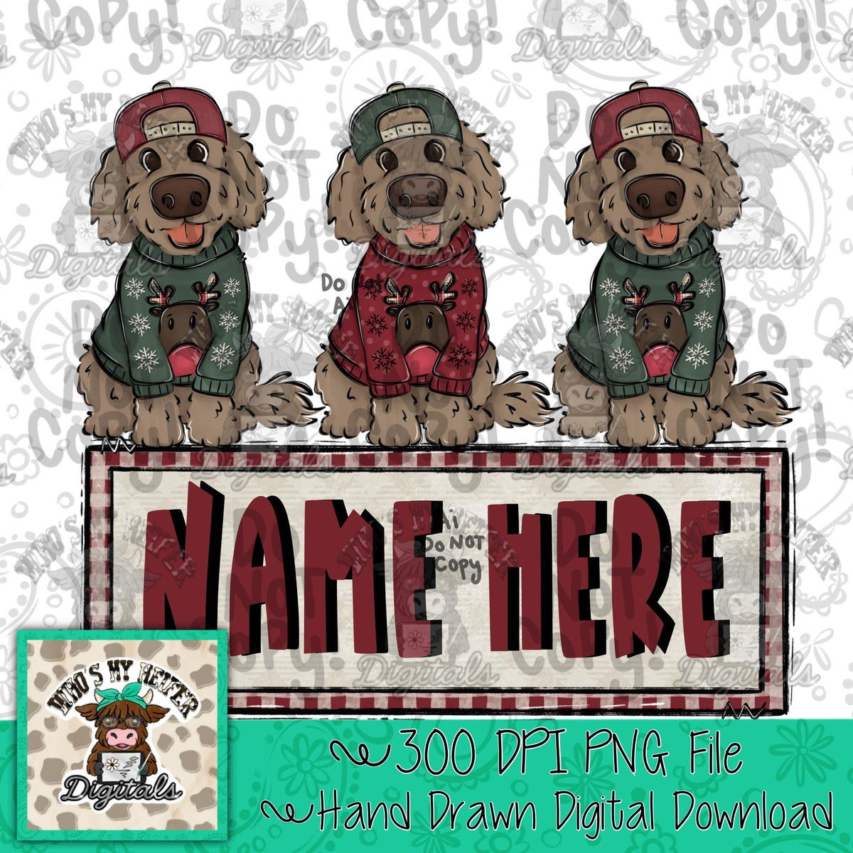 Whimsical Holiday Sweater Dog Trio Name Block Sublimation File Hand Drawn Dog with Hat PNG Kid Christmas Puppy Doodle Shirt Design