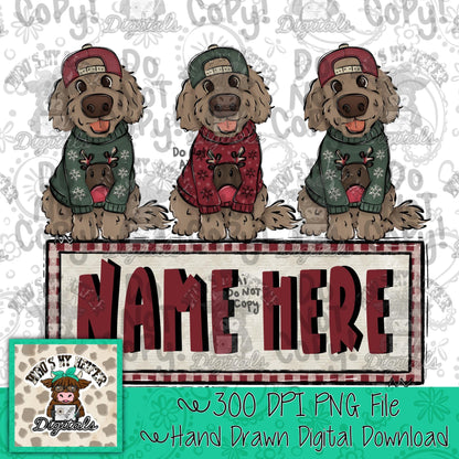Whimsical Holiday Sweater Dog Trio Name Block Sublimation File Hand Drawn Dog with Hat PNG Kid Christmas Puppy Doodle Shirt Design
