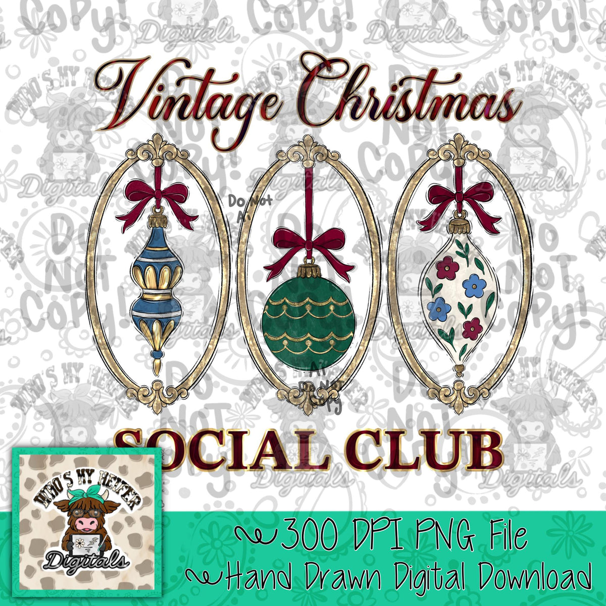 Vintage Christmas Ornament Trio PNG Hand Drawn Ornament Antique Frame Sublimation File Woman Shirt Design Whimsical Holiday Digital Art