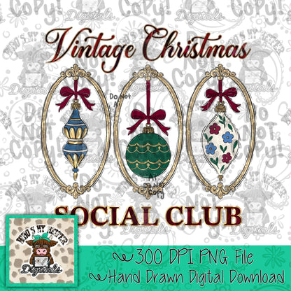 Vintage Christmas Ornament Trio PNG Hand Drawn Ornament Antique Frame Sublimation File Woman Shirt Design Whimsical Holiday Digital Art