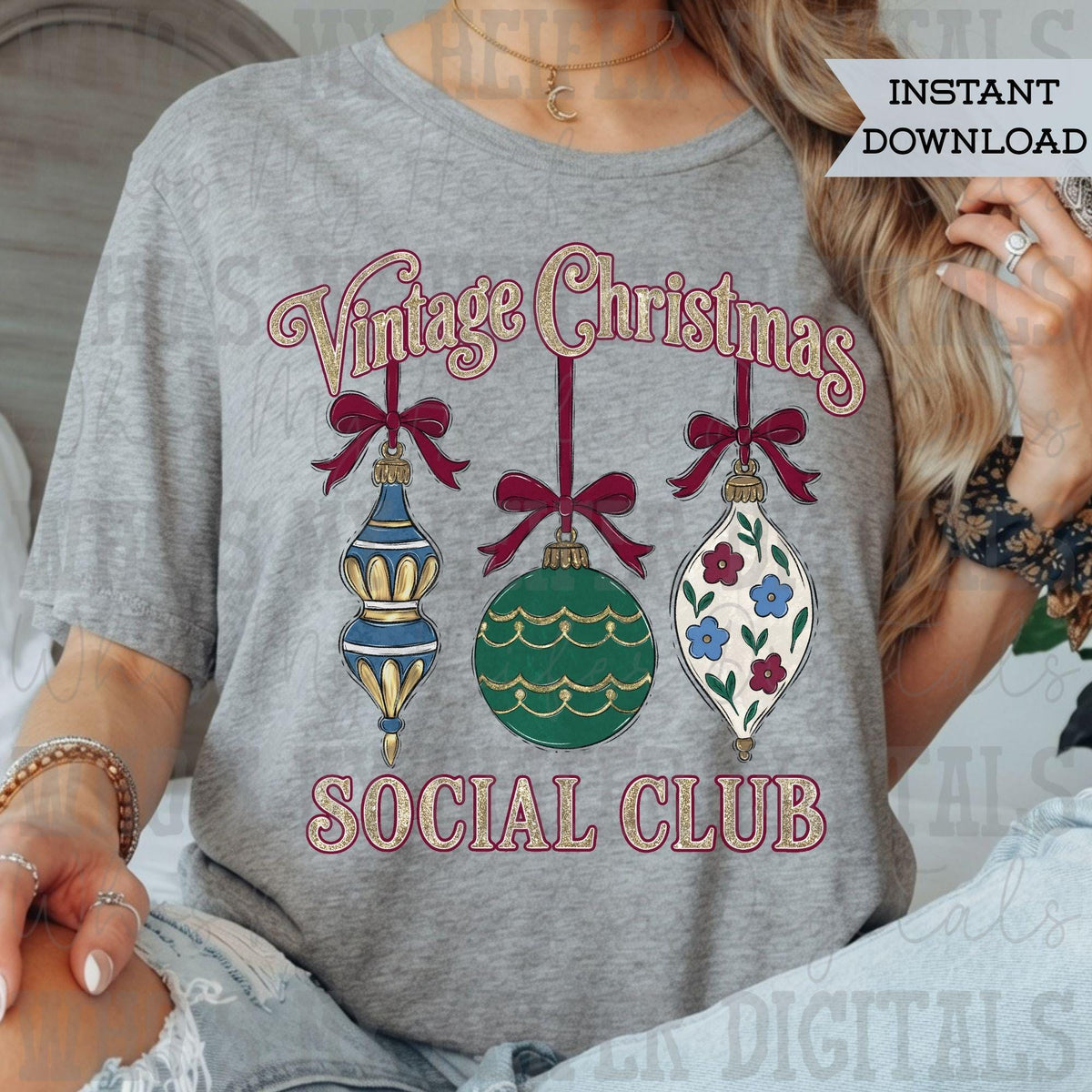 Vintage Holiday Ornament Trio PNG Hand Drawn Antique Ornament with Bow Sublimation File Woman Shirt Design Whimsical Christmas Digital Art