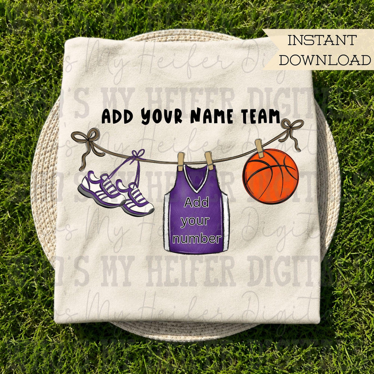 Purple Clothesline Basketball PNG Hand Drawn Basketball Jersey Sublimation File Customizable Game Day Shirt Design School Spirit Digital Art
