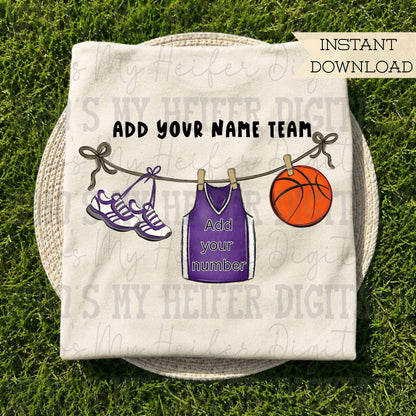 Purple Clothesline Basketball PNG Hand Drawn Basketball Jersey Sublimation File Customizable Game Day Shirt Design School Spirit Digital Art
