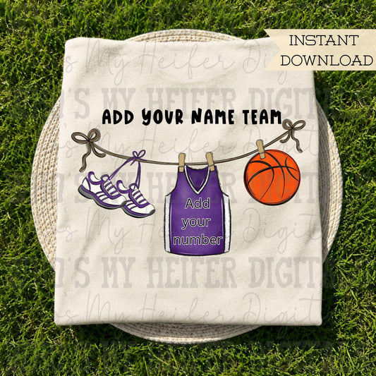 Purple Clothesline Basketball PNG Hand Drawn Basketball Jersey Sublimation File Customizable Game Day Shirt Design School Spirit Digital Art