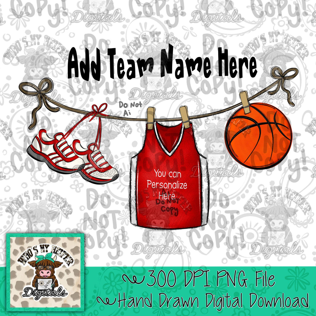 Red Clothesline Basketball PNG Hand Drawn Basketball Jersey Sublimation File Customizable Game Day Shirt Design School Spirit Digital Art
