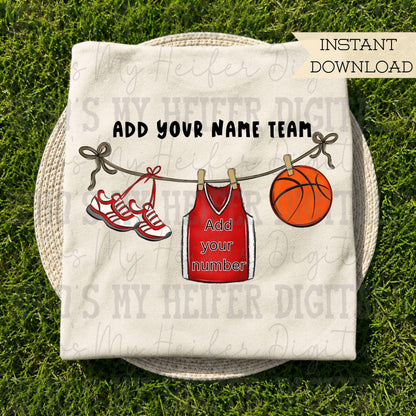 Red Clothesline Basketball PNG Hand Drawn Basketball Jersey Sublimation File Customizable Game Day Shirt Design School Spirit Digital Art