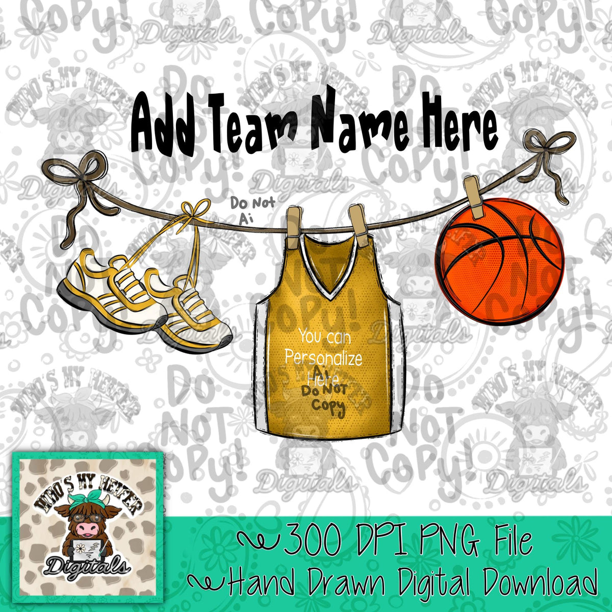 Gold Clothesline Basketball PNG Hand Drawn Basketball Jersey Sublimation File Customizable Game Day Shirt Design School Spirit Digital Art