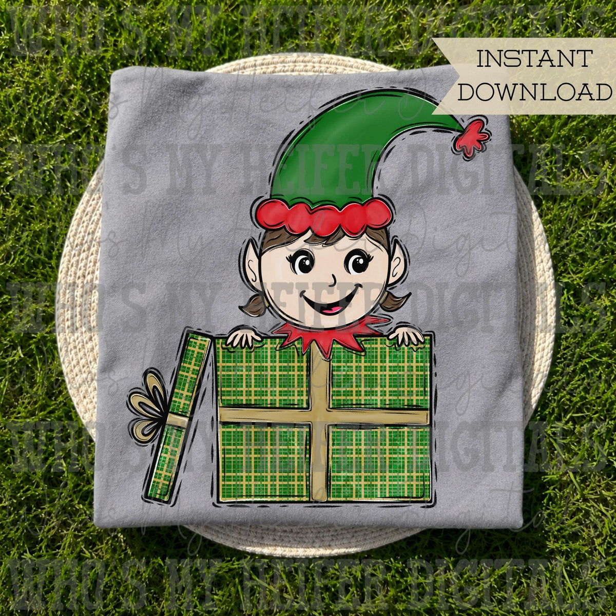 Whimsical Girl Elf PNG Hand Drawn Elf in a Gift Box Sublimation File Kid Christmas Shirt Design Girly Holiday Present Digital Download DTF