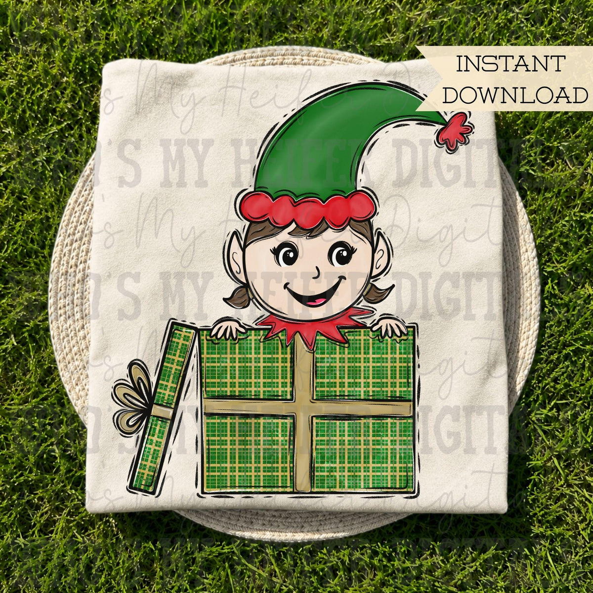 Whimsical Girl Elf PNG Hand Drawn Elf in a Gift Box Sublimation File Kid Christmas Shirt Design Girly Holiday Present Digital Download DTF