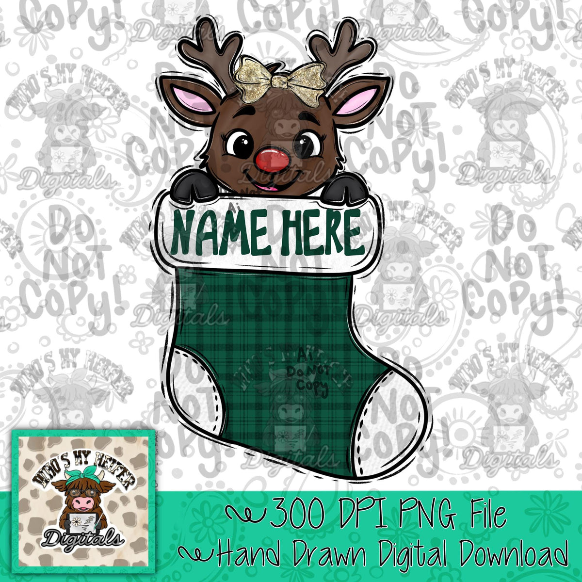 Girly Reindeer PNG Hand Drawn Deer with Bow in Stocking Sublimation File Kid Christmas Shirt Design Customizable Christmas Doodle Art