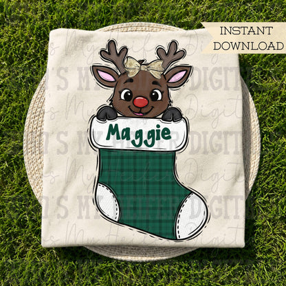 Girly Reindeer PNG Hand Drawn Deer with Bow in Stocking Sublimation File Kid Christmas Shirt Design Customizable Christmas Doodle Art