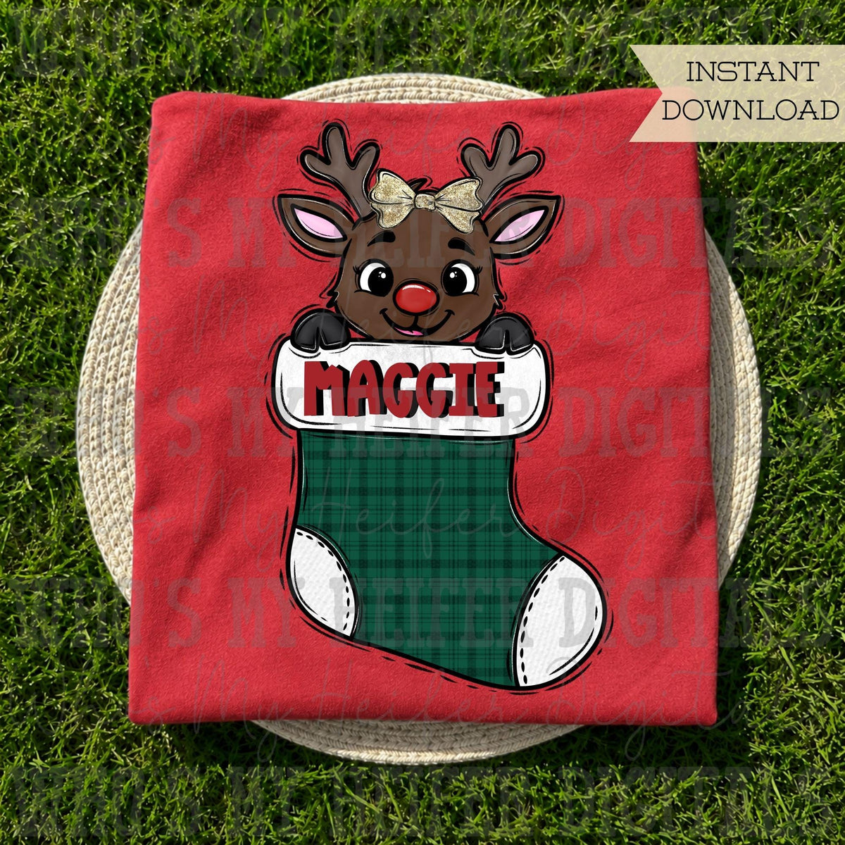 Girly Reindeer PNG Hand Drawn Deer with Bow in Stocking Sublimation File Kid Christmas Shirt Design Customizable Christmas Doodle Art