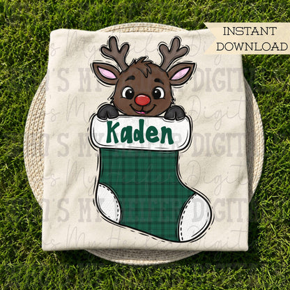 Boy Reindeer PNG Hand Drawn Deer in Stocking Sublimation File Kid Christmas Shirt Design Customizable Christmas Doodle Art